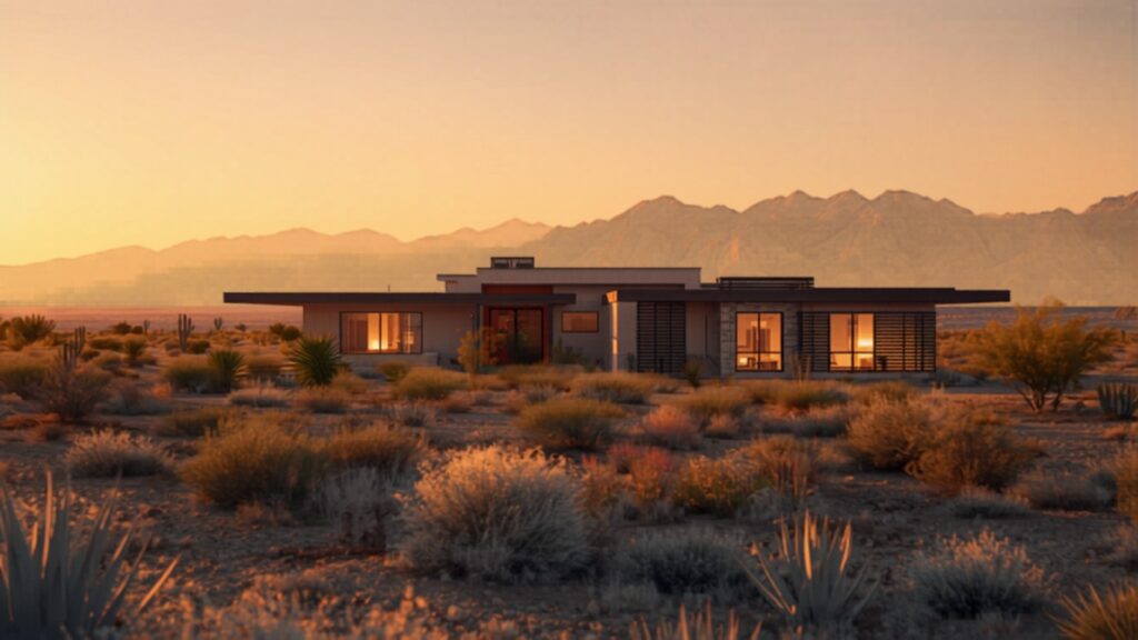 Newly built custom home on a one-acre desert lot in Pahrump, Nevada at golden hour with mountains in the background